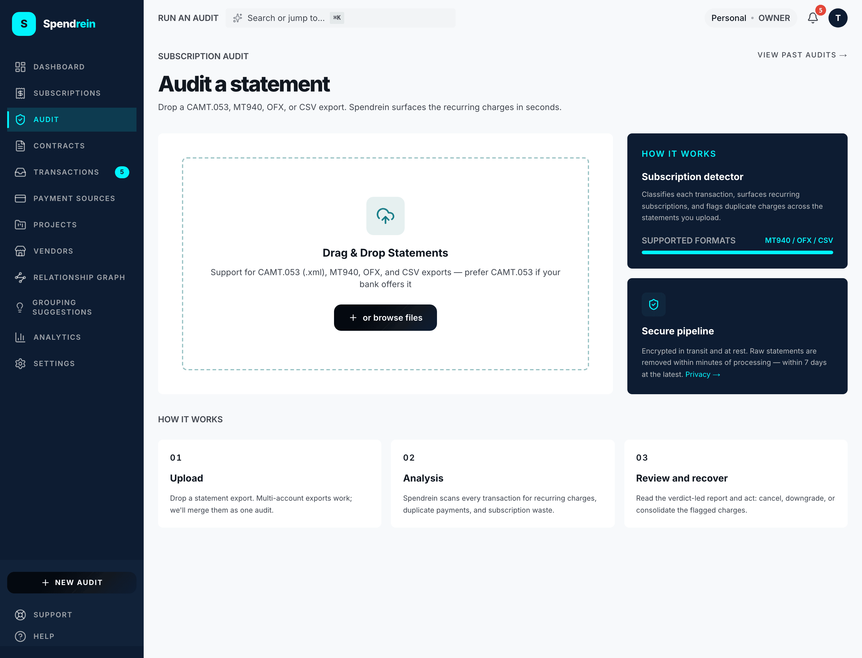 The audit upload screen — drop a bank or card statement to run your first audit.