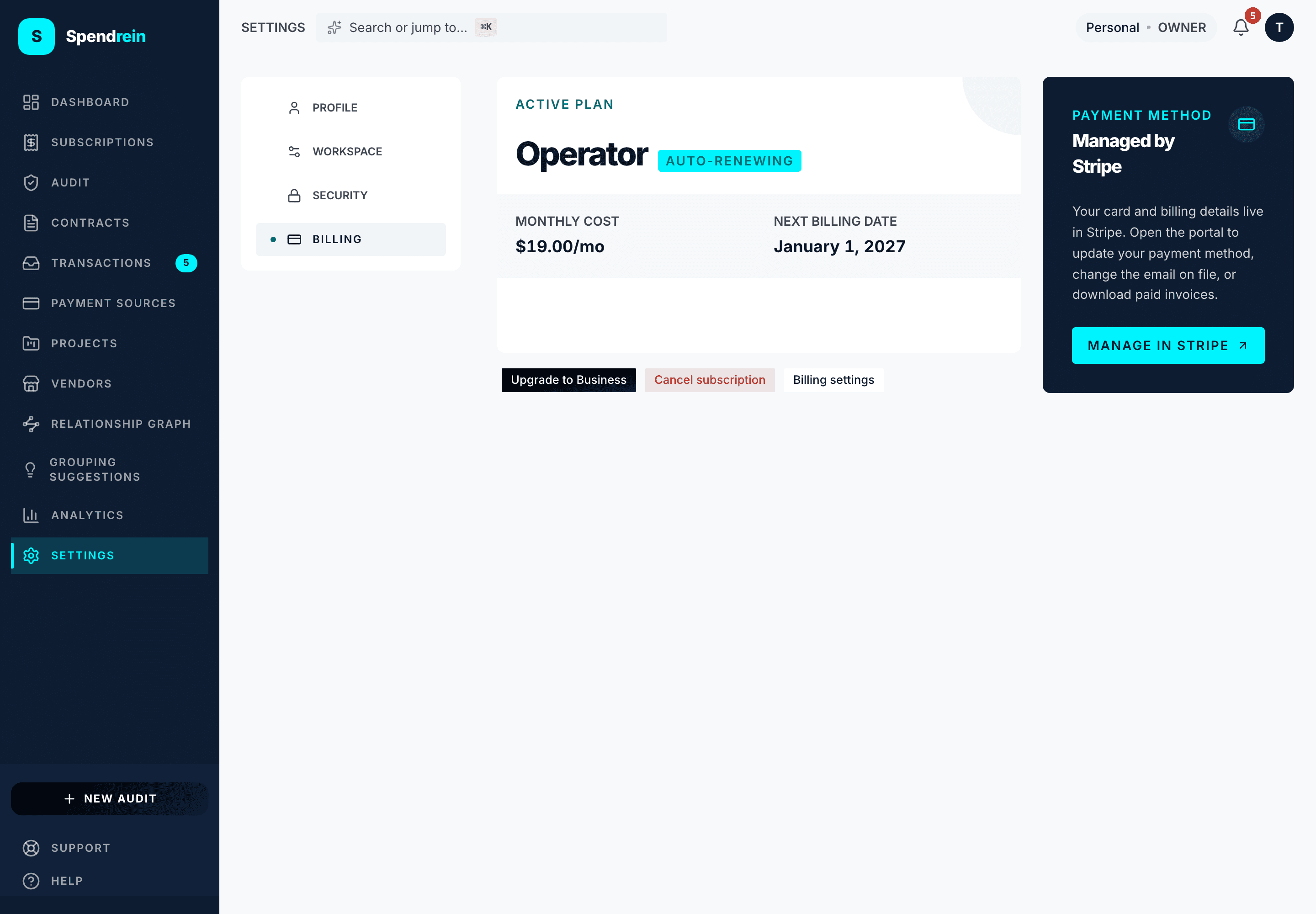 The billing panel — the active plan, monthly cost, next billing date, and the Manage-in-Stripe portal.