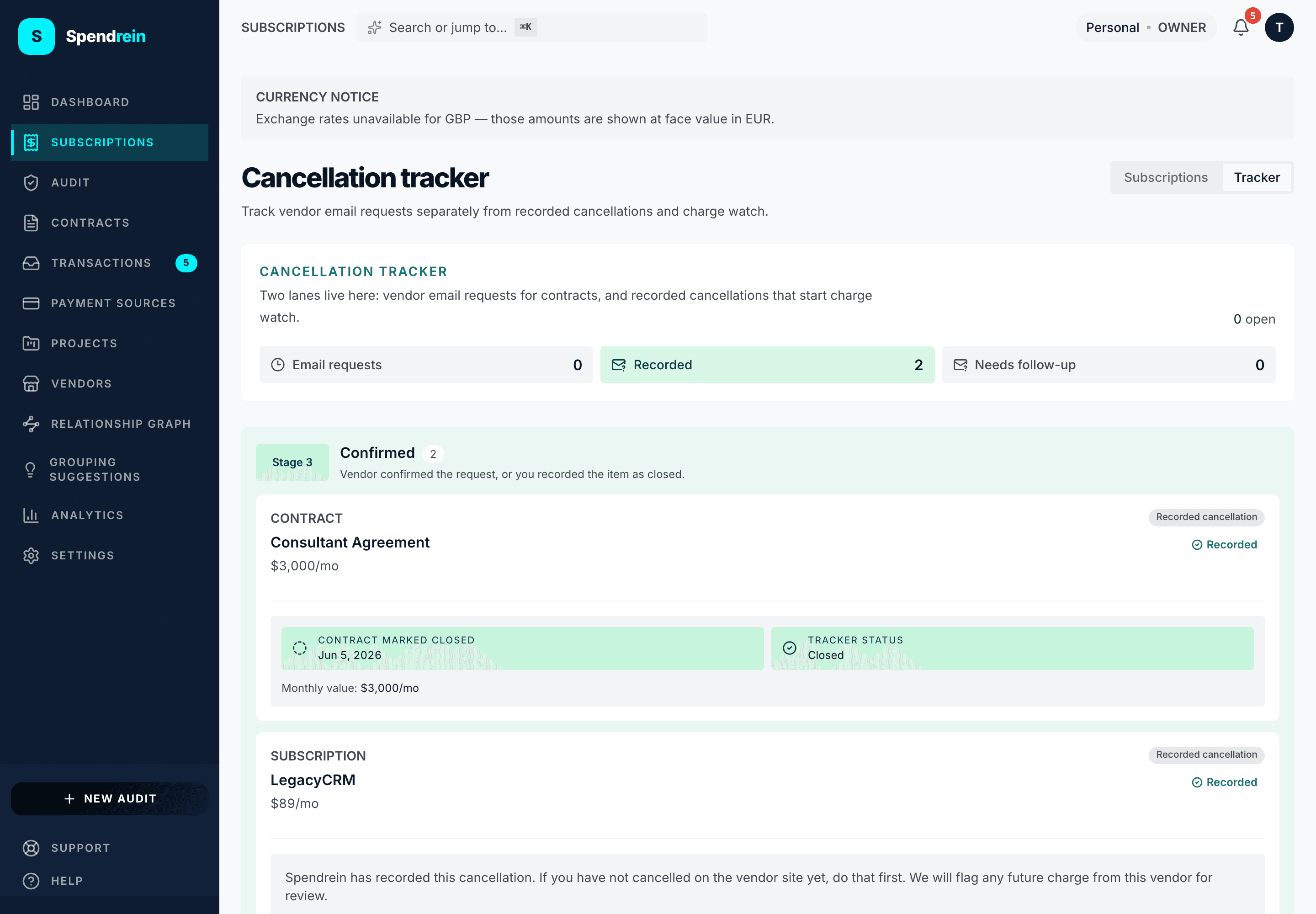 The cancellations panel — tracked cancellations with their public reference, vendor, and status.