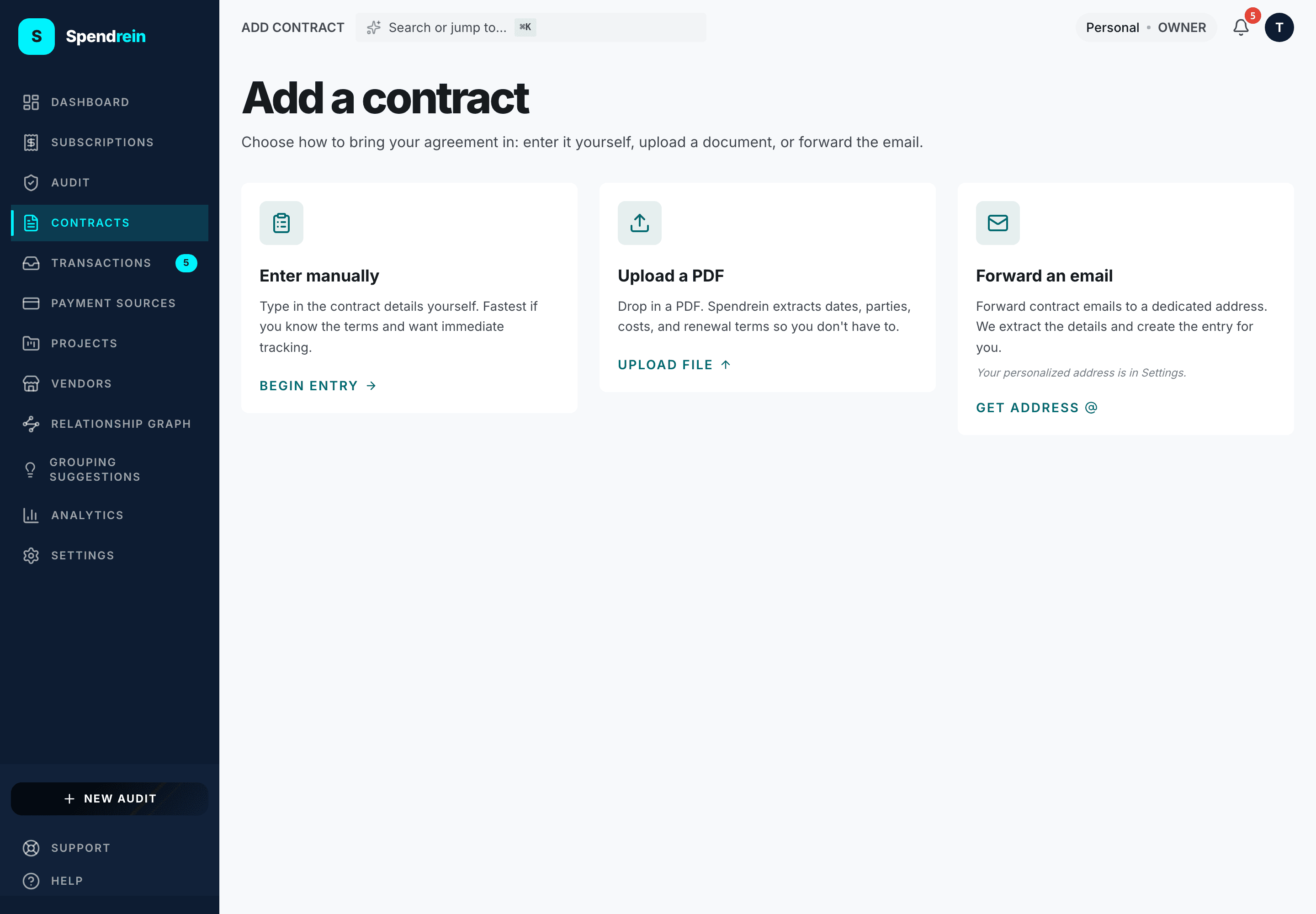 Adding a contract — the three methods: enter it manually, upload a PDF, or forward the contract email.