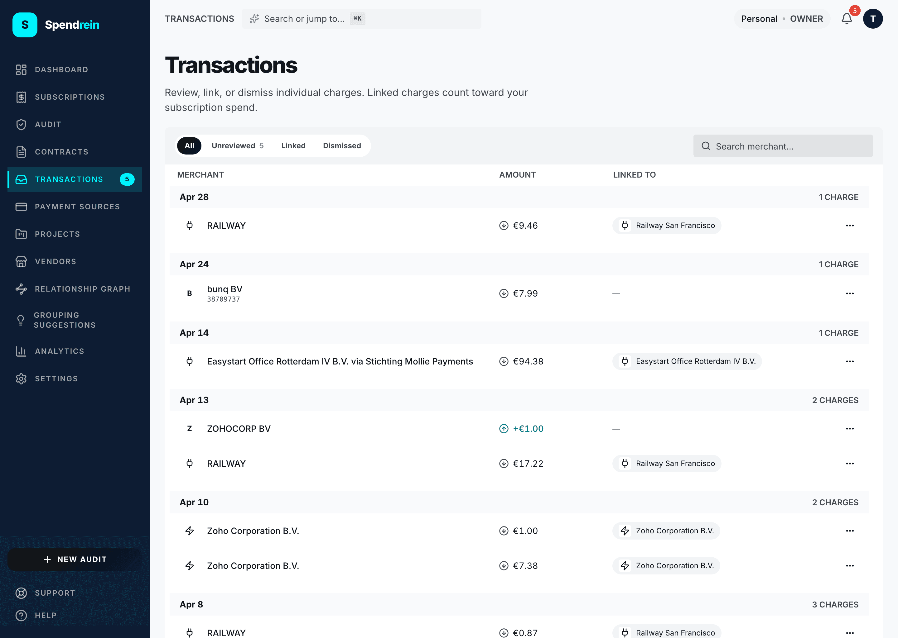 The Spendrein transactions page — the 30-day summary, filter pills, merchant search, and date-grouped charges with their linked subscriptions.