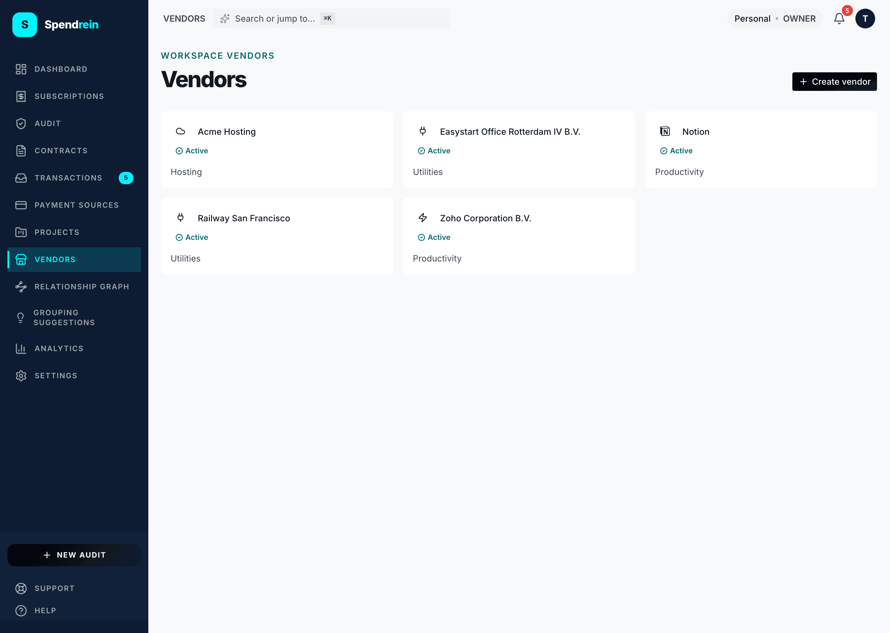 The Spendrein vendors page — a grid of vendor cards with category and an Active status badge, and the Create-vendor action.