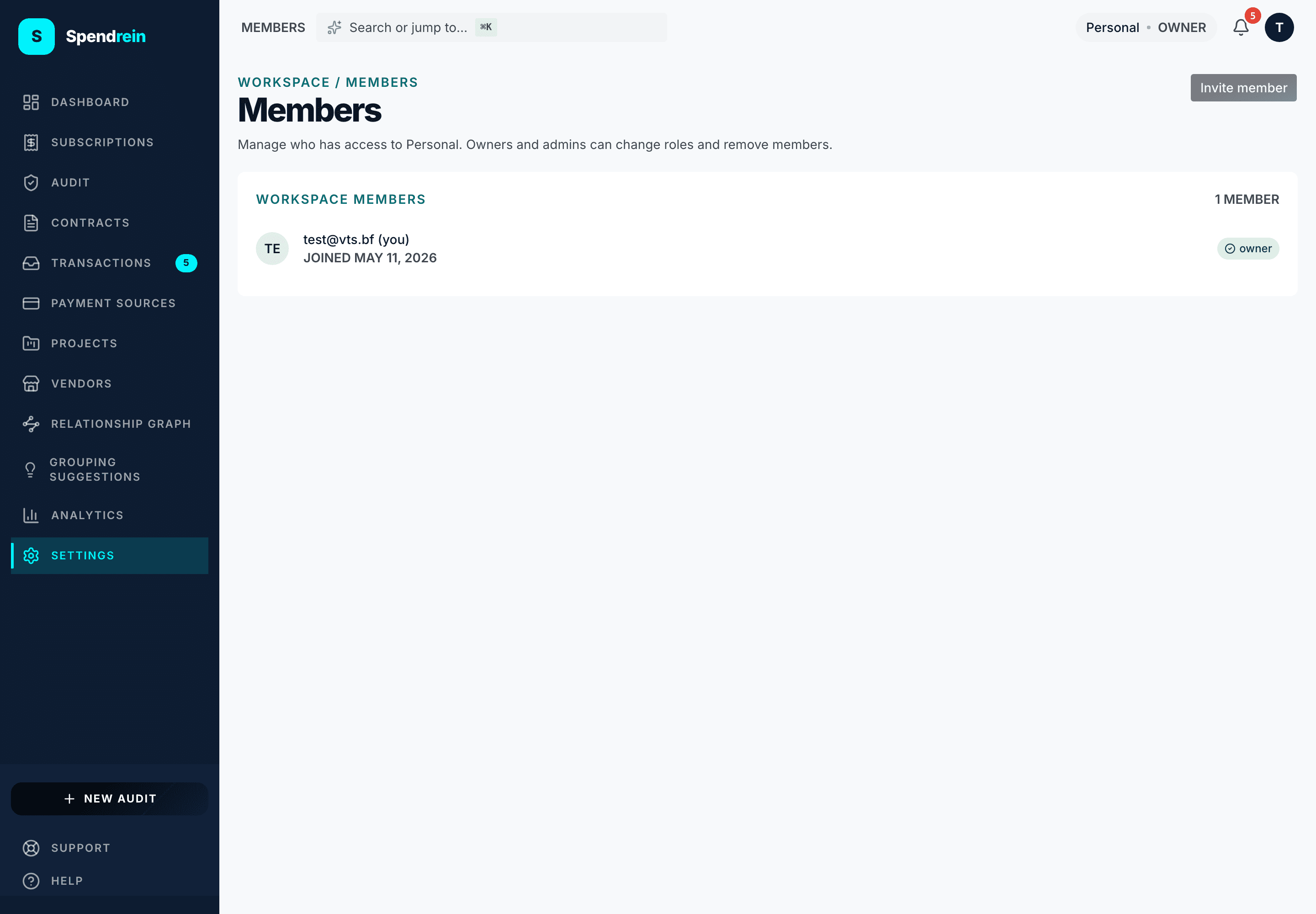 The workspace members page — the member list with role badges and the Invite member action.